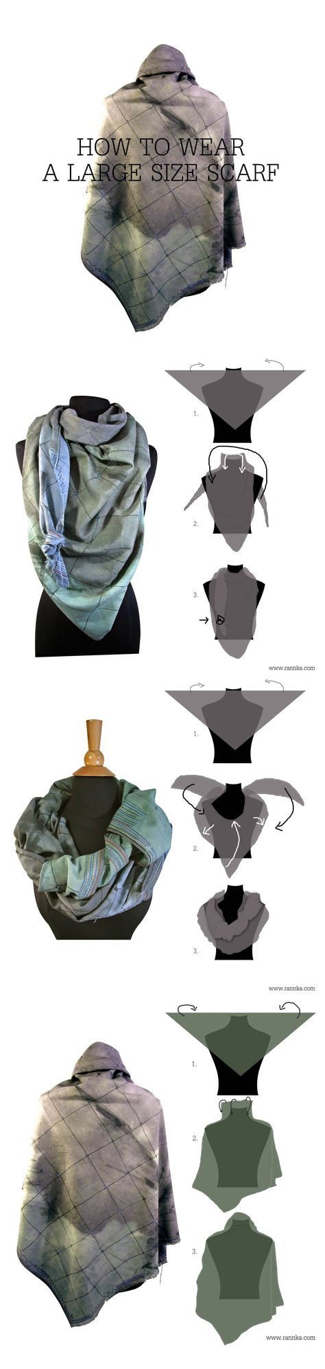 Tips on how to style and wear a really large scarf. A scarf in the examples – Mostar – is oversize linen triangle scarf. However, following techniques CAN be applied on a square scarf simply by folding the scarf on half into a triangle shape. Also, a smaller scarf can do as well.