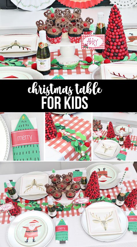 Kid Christmas Table Decor, Christmas Table Settings For Kids, Christmas Kids Table Ideas, Kids Table Christmas Decorations, Kids Christmas Table Decorations, Fun Christmas Table Decor, Kids Christmas Party Table Decor, Christmas Table For Kids, Christmas Kids Table Decor