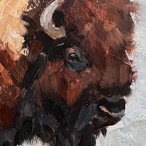 Madelynn Mutter on Instagram: "Mini Bison series dropping in spring 🦬 One of my goals with my mini series this year is to paint them all in one sitting with a limited palette. So forcing myself to use different blues, yellows & reds to create different feels & making my brush do the work. Mini Bison 2, 5x5 oil on wood ••• #painting #oilpainting #painter #oilpainting #oilonwood #oilpainters #paintings #buffalo #artistreels #artreels #paintingreels #oilpaintingart #miniart #madelynnmutter #westernart #westernartist #cowboy #ranchlife #ranchartist" Buffalo Oil Painting, Abstract Buffalo Painting, Bison Reference, Bison Painting, Buffalo Pictures, Buffalo Painting, Abstract Artwork Painting, Buffalo Animal, Bison Art