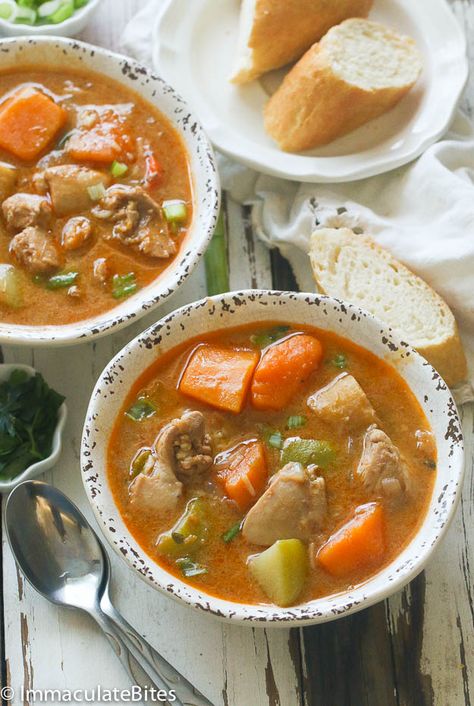 Jamaican Chicken and Pumpkin Soup - Immaculate Bites Jamaican Soup, Hearty Chicken Soup, Jamaican Chicken, Chicken Pumpkin, Stew Chicken Recipe, Island Breeze, Healthy Sweet Snacks, Caribbean Food, Interesting Recipes