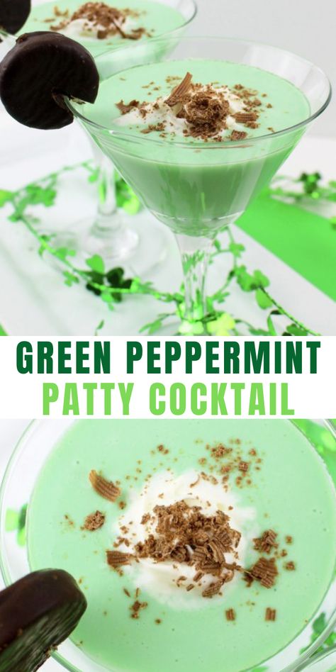 Green Peppermint Patty Cocktail Drink Recipe St Patty Drinks, Green Alcoholic Drinks, Peppermint Cocktail, Sant Patrick, St Patricks Day Drinks, Adult Beverages Recipes, Party Drinks Alcohol, Peppermint Patty, St Patricks Day Food