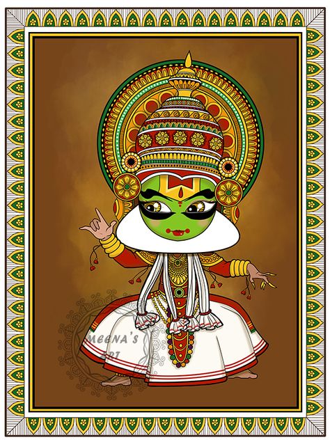 Art Forms Of India Drawing, India Illustration Doodles, Folk Dance Drawing, Indian Culture Drawing, Onam Theme, Kathakali Drawing, Dancer Art Painting, Kathakali Face, Art Forms Of India