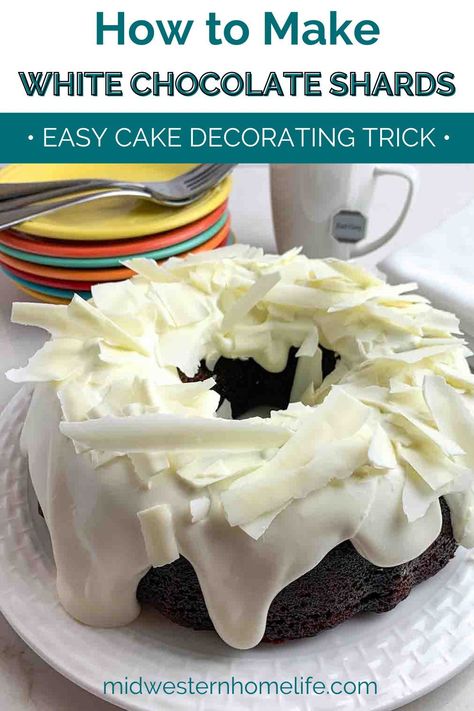 White chocolate shards are an easy-to-make cake decoration that will make your desserts look like they were decorated by a professional. All you need is white chocolate, parchment paper, a microwave, and a freezer and you’re ready to create your 3-dimensional masterpiece!#easycakedecorating #cakeideas #chocolateshards #storeboughtcakehack White Chocolate Shards, White Chocolate Cream Cheese Frosting, Gingerbread Bundt Cake, Chocolate Shards, White Chocolate Cream, White Chocolate Shavings, Vegan Ice Cream Recipe, Chocolate Cream Cheese Frosting, Store Bought Cake