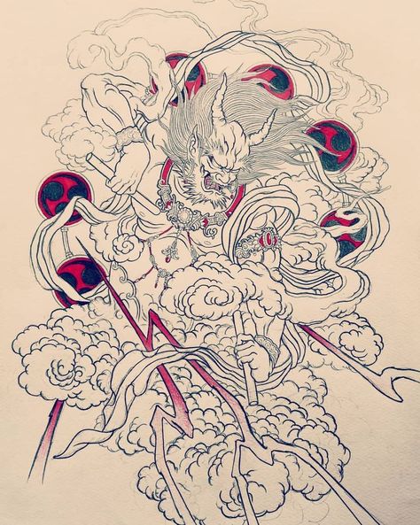 Asura Tattoos, Neo Japanese Tattoo Designs, Kyoto Tattoo, Fujin Tattoo, Raijin Tattoo, Traditional Japanese Tattoo Flash, Japanese Leg Tattoo, Samurai Warrior Tattoo, Traditional Japanese Tattoo Designs