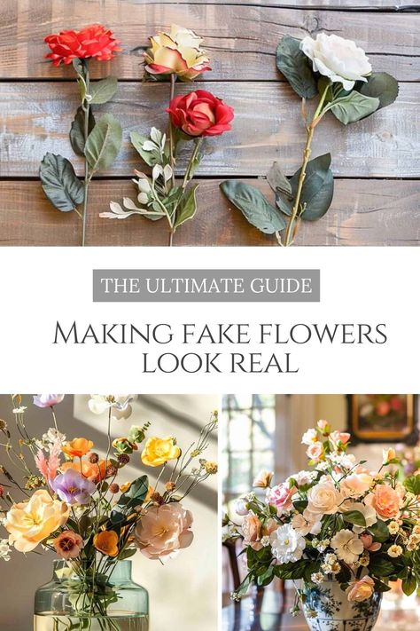 Master the art of making fake flowers look real. With a few simple tricks, you can easily make realistic fake flower arrangements that look just as beautiful as real ones. Learn which type is the best to use, how to treat them in different types of containers, how to prep and care for them, and more. Diy Fake Floral Centerpieces, Making Artificial Flower Arrangements, How To Make Fake Flower Arrangements, How To Make Artificial Flowers Look Real, Realistic Fake Flowers, How To Make Fake Flowers Look Real, Diy Fake Flower Centerpieces, How To Make Artificial Flowers, Make Fake Flowers Look Real