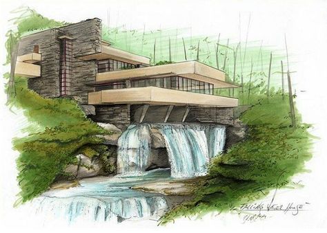 498 Likes, 2 Comments - ARCHITECTURE | LINETYPE (@linetype) on Instagram: “Falling water house amazing by @steviepoep _______________________________ #Bestsketch…” Falling Water House, Waterfall House, Frank Lloyd Wright Architecture, Trendy House, Architecture Drawing Sketchbooks, Falling Water, Water House, Watercolor Architecture, House Sketch