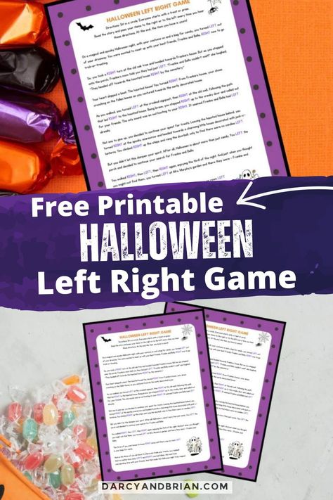 For a fun and interactive Halloween game, try our printable Left Right Game! This activity involves passing a story along from one player to the next based on whether they hear "left" or "right". It's a great way to get everyone involved and laughing while also incorporating some holiday-themed storytelling. Whether it's played at a party or around the dinner table, this game is sure to be a hit with both kids and adults alike. Halloween Buddy Class Activities, Halloween Right Left Game, Pass The Pumpkin Left Right Game, Halloween Left Right Game Free Printable, Pass The Pumpkin Game Free Printable, Left Right Center Game With Candy, Left Right Halloween Story Game, Halloween Left Right Game Free, Pass The Pumpkin Game