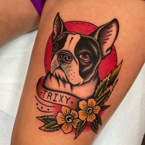 French Bulldog Tattoo Old School, Pet Tattoos American Traditional, Traditional French Bulldog Tattoo, American Traditional French Bulldog Tattoo, Boston Terrier Traditional Tattoo, American Traditional Boston Terrier Tattoo, Dog Portraits Tattoo, Trad Dog Tattoo, Traditional Style Animal Tattoos