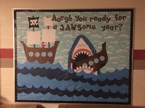 My Jaws bulletin board Shark Bulletin Board Ideas, Homecoming Bulletin Board, Shark Classroom Theme, Shark Bulletin Board, Fish Bulletin Boards, Ocean Classroom Theme, Beach Theme Decorations, Under The Sea Classroom, Tropical Decorations