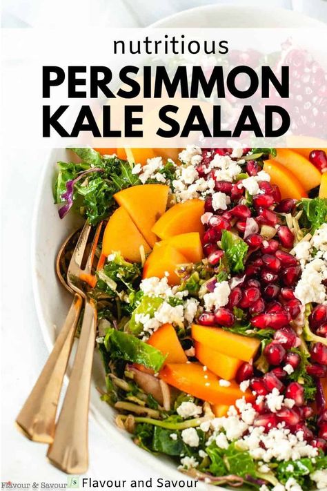 This Winter Persimmon Kale Salad features kale slaw, sliced persimmons, pomegranate arils, feta cheese and a maple-balsamic dressing! Persimmon Salad Winter, Persimmon Salad Recipe, Persimmon Salad, Citrus Fruit Salad, Broccoli Salad With Cranberries, Kale Slaw, Persimmon Recipes, Winter Salad Recipes, Special Dishes