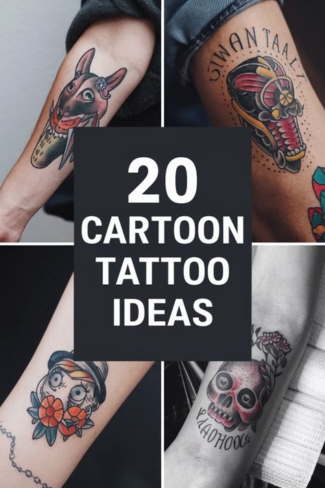 Collage of various cartoon tattoos on different parts of the body with the text "20 Cartoon Tattoo Ideas" in the center. Nostalgic Cartoon, Rugrats Characters, Cartoon Tattoo Ideas, 90s Cartoon Characters, Pikachu Tattoo, Scene Tattoo, Cartoon Tattoo, Nostalgic Vibes, Tv Watching