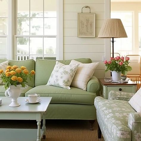 living_room_Cottage-Style_Green_Couch_Living_Room_So 3 Sage Couch Living Room, Sage Green Sofa Living Room Ideas, Green Farmhouse Living Room, Light Green Couch, Sage Green Couch, Green Couch Living Room Ideas, Sage Green Sofa, Livibg Room, Blue Couch Living