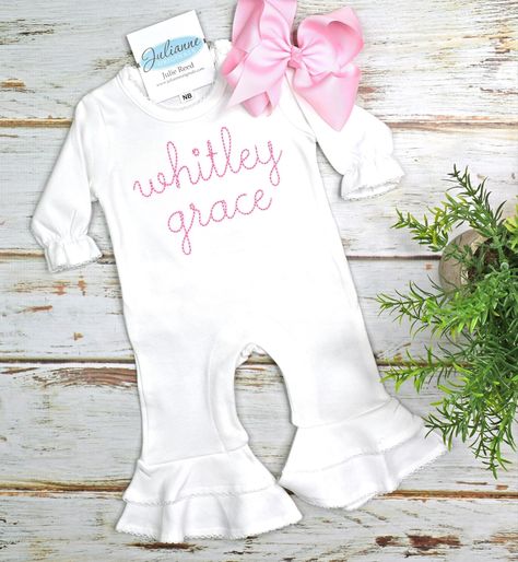 Baby Monogram Ideas, Monogram Onesies, Baby Going Home Outfit, Newborn Baby Girl Gifts, Monogram Baby Girl, Newborn Coming Home Outfit, Girl Coming Home Outfit, Monogram Outfit, Cursive Script