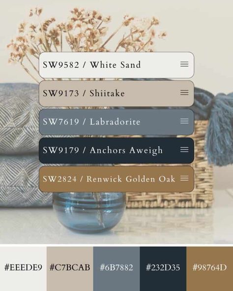 Cozy Color Palette with Hex Codes and Paint Color Matches Cozy Color Palette, Blue Living Room Color, Color Palette With Hex Codes, Tan Bedroom, Cozy Colors Palette, Brown And Blue Living Room, Cream Bedrooms, Cream Living Rooms, Paint Color Inspiration