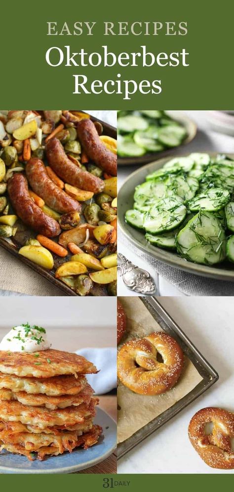 Taste the best of German foods with these simple, authentic Oktoberfest recipes you can make at home from pretzels to roast chicken, sausages and more! Hot Slaw Recipe, Pork Shanks Recipe, Currywurst Recipe, Europe Recipes, Oktoberfest Recipes, Sauerbraten Recipe, Oktoberfest Menu, Easy German Recipes, Schnitzel Recipe