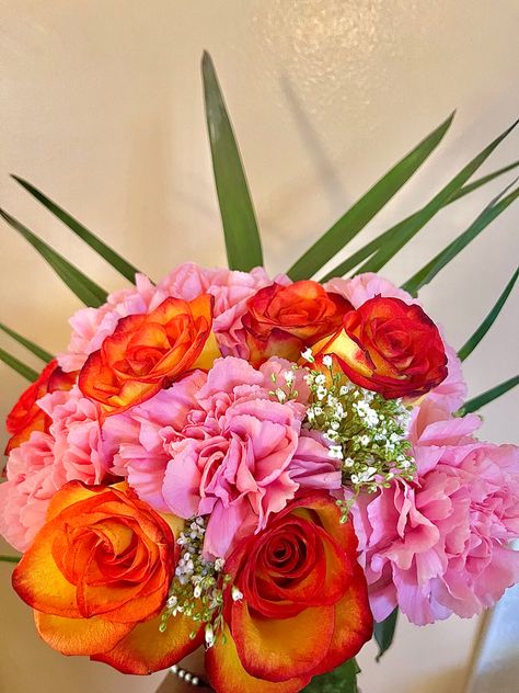 National Girlfriend Day Bouquet orange reddish roses, baby pink carnations and babybreath. Pink And Orange Bouquet, Girlfriend Day, Hoco 2024, Orange Bouquet, National Girlfriend Day, Girlfriends Day, Orange Bouquets, Small Centerpieces, Boquette Flowers