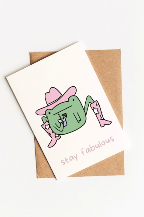 Printable Pink Cowboy Frog Card | Digital Download, Funny Blank Greeting Card | Stay Fabulous Silly Birthday Cards Diy, Cartoon Greeting Cards, Cute Cards For Friends Creative, Frog Birthday Cards Handmade, Frog Cards Handmade, Fun Birthday Cards Diy, Cute Funny Birthday Cards, Funny Frog Drawings, Funny Diy Birthday Cards