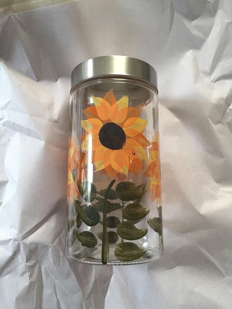 PRICES MAY VARY. Beautiful hand painted sunflower design Translucent bottle makes it easy to see amount remaining Great for use in the kitchen, bathroom, or craft room Holds 58 ounces Lid is included Diy Bottle Painting, Things To Do With Jars, Bottle Painting Ideas, Reuse Jars, Discovery Bottles, Glass Painting Designs, Glass Storage Jars, Painting Glassware, Painted Jars