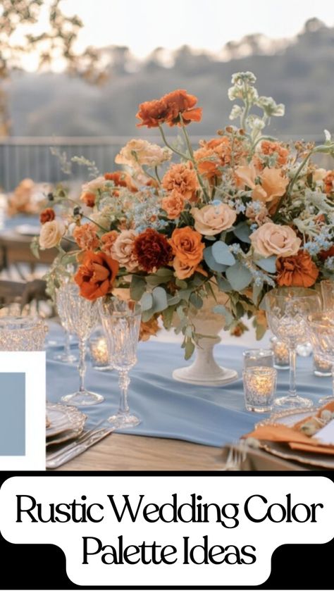 Burnt orange and dusty blue rustic wedding color palette with floral accents, natural wood details, and elegant rose gold highlights. Dusty Blue Fall Color Palette, Wedding Color Burnt Orange, Seasonal Wedding Colors, Country Wedding Colors Fall, Subtle Fall Wedding Colors, Wedding Color September, Fall Destination Wedding Colors, Wedding Color Combinations Summer, Fall Wedding Light Blue