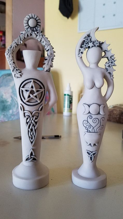 Here are our God and Goddess statues (morning/day view)  God has his Sun shining bright, Goddess cauldron out and displayed. Wicca God And Goddess Statue, Triple Goddess Statue, Wicca God And Goddess, Wiccan God And Goddess, Bright Goddess, Wiccan Alter, Goddess Statues, God And Goddess, Wellness Aesthetic