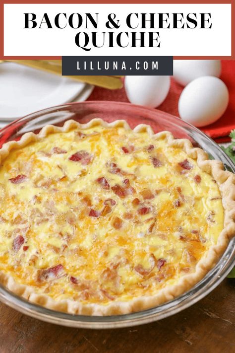 Bacon and Cheese Quiche is the perfect hot breakfast to share with a crowd. It's filling, savory, and full of delicious flavors. #quiche #quicherecipes #breakfastquiche #breakfast #baconandcheese Cream Cheese Quiche, Bacon Quiche Recipe, Bacon And Cheese Quiche, Cheese Quiche Recipe, Savory Breakfast Recipes, Breakfast Quiche Recipes, Bacon Quiche, Quiche Recipes Easy, Lil Luna