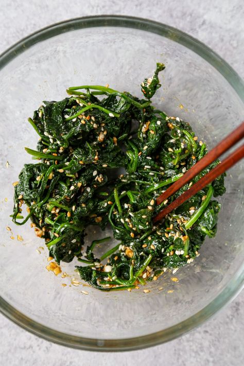 Korean Spinach Side Dish (Sigeumchi Namul) | Pickled Plum Korean Side Dishes Bean Sprouts, Korean Spinach Side Dish Recipe, Bean Sprouts Korean Side Dish, Chrysanthemum Recipe, Korean Spinach Side Dish, Korean Spinach, Spinach Side, Korean Banchan, Starch Sides