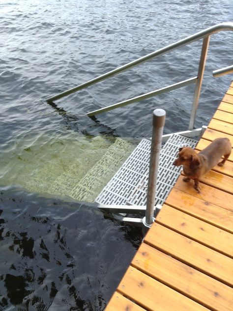 Aluminum Dock Stairs - Great Northern Docks - Open frame structure and porous treads let waves pass through. Dock Design, Dock Ideas, Dock Steps, Boat Docks, Lake Dock, Lakefront Living, Dock Ladder, Floating Dock, Lakefront Property