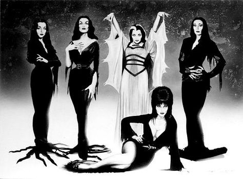 Carolyn Jones (Morticia Addams), Maila Nurmi (Vampira), Yvonne De Carlo (Lily Munster), Anjelica Huston (Morticia Addams) & Cassandra Peterson (Elvira) Christian Ronaldo, Addams Familie, Lily Munster, Cassandra Peterson, Carolyn Jones, Yvonne De Carlo, Horror Vintage, Elvira Mistress Of The Dark, The Rocky Horror Picture Show