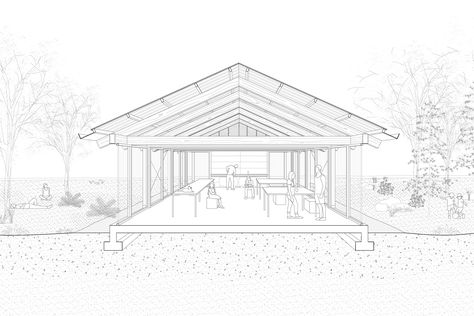 Image 18 of 18 from gallery of Shelter for Gardeners / Esnard Sanz. Perspective section Section Perspective, Perspective Section, Architectural Thesis, Pavilion Plans, Garden Plots, Garden Pavilion, Architectural Section, Perspective Drawing, Farm Stay