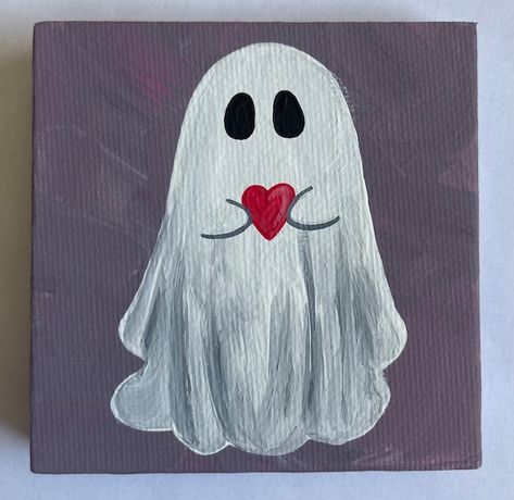 Mini Love Canvas Art, Easy Paintings Halloween, Halloween Paint Night Ideas, Simple Heart Painting, Simple Ghost Painting, Little Ghost Painting, Simple Fall Paintings, Paint Vibes, Cute Mini Canvas