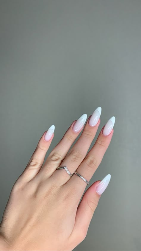 White On White Almond French, French On White Nails, White Alomd Nails Design, White On White French Manicure Almond, Russian French Nails, French Nails Almond Shape, Franche Nails, Almond Nails White, White Oval Nails