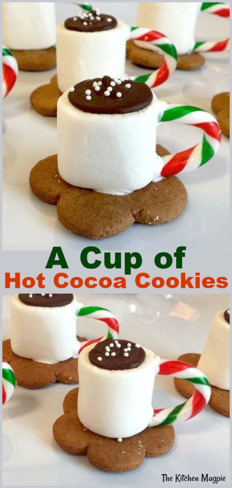 How to make adorable Hot Cocoa Cookies! These cookies look like a cup of cocoa on top of a gingersnap cookie! #christmas #cookies #gingersnaps Hot Chocolate Cookies Cups, Hot Chocolate Party, Cup Of Hot Cocoa, Cocoa Party, Hot Cocoa Cookies, Elf Cookies, Creme Brulee Recipe, Christmas Pie, Cookie Christmas