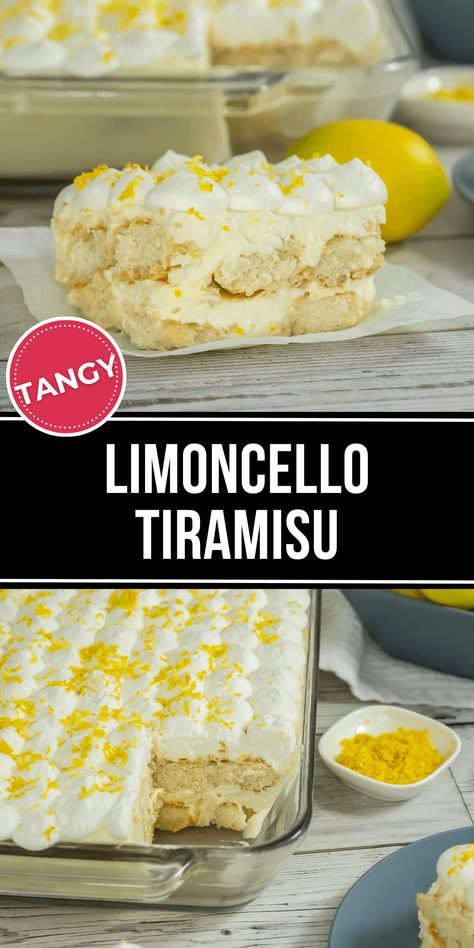 Limoncello Tiramisu is an easy lemon twist on the classic Italian coffee dessert. Lemon dessert is made of cookies, limoncello & soft cheese. Limoncello Cake Italian, Limoncello Bars Recipe, Lemoncello Tiramisu Limoncello, Limoncello Tiramisu Jamie Oliver, Lemon Cello Tiramisu, Italian Lemon Desserts, Italian Summer Desserts, Lemoncello Cakes Easy, Lemoncello Tirimasu