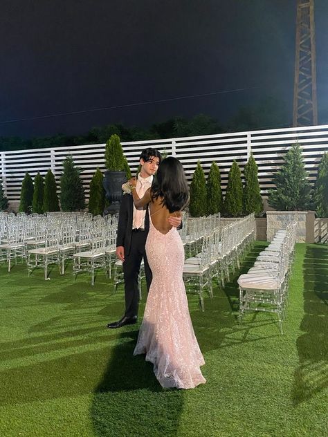 Pink Md Dresses, Prom Backless Dress, Light Pink Prom Dress Aesthetic, Baby Pink Dress Prom, Pink Prom Dress And Date, Prom Couple Poses Black People, Classy Prom Looks, Pink Prom Dresses Couple, Pink Dress Prom Couple