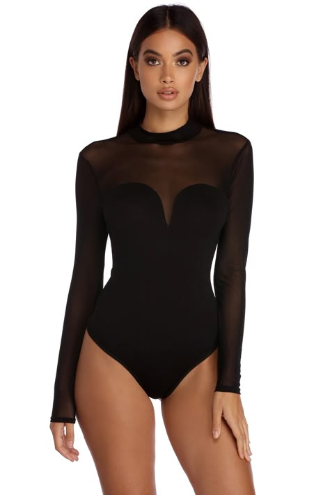 Black Summer Bodysuit With Mesh Sleeves, Chic Black Sheer Bodysuit, Black Mesh Bodysuit With Mesh Back, Sheer Mesh Long Sleeve Bodysuit, Black Mesh Bodysuit, Black Sheer High-stretch Bodysuit, Homecoming Outfits, Mesh Bodysuit, Bodysuit Fashion