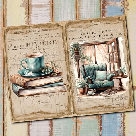 Cozy Coffee Junk Journal Pages, Digital Scrapbook Paper Kit, Turquoise Printable, Cafe Collage Sheet, Vintage Fall Ephemera, Download These are lovingly crafted double pages of vintage Cozy Coffee for you to add to your junk journal projects. These collages were made with beautiful Cozy Coffee time images and ephemeral vintage images. YOU WILL RECEIVE: - 5 JPG file - junk journal double pages - 300 dpi high resolution and ready for 8,5" x 11" - Format - U.S. Letter #junkjournalideas #junk... Cafe Collage, Journal Pages Digital, Whimsical Art Journal, Cozy Coffee, Junk Journal Pages, Vintage Junk, Vintage Junk Journal, Journal Themes, Vintage Scrapbook