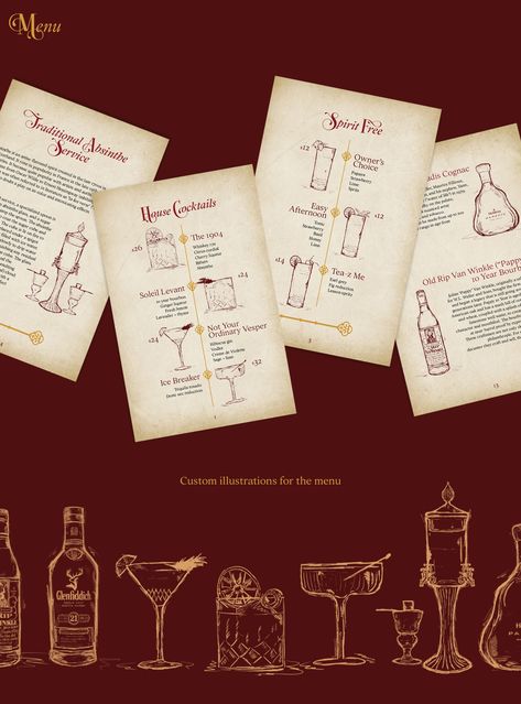 Room 1904 | Speakeasy Bar Brand Identity & Advertising :: Behance Speakeasy Design, Speakeasy Branding, Wine Bar Branding, Liquor Menu Design, Wine Bar Menu Design, Speakeasy Menu, Vintage Bar Menu Design, Speakeasy Bar Menu Design, Web Portfolio