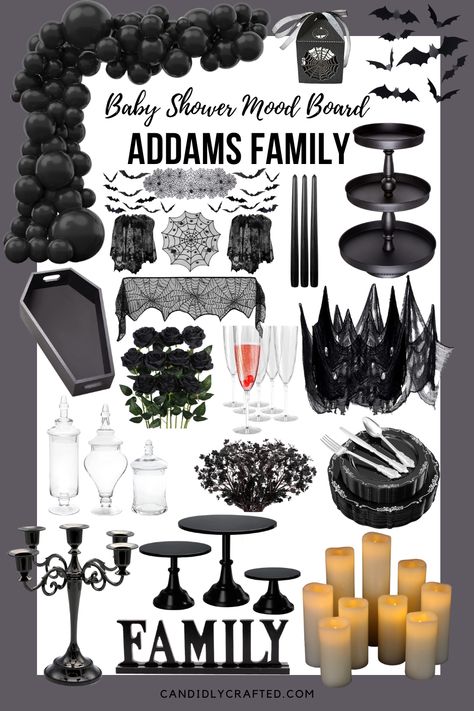 Wednesday Theme Halloween Party, Adams Family Bday Party, Wensday Adams Theme Party, Nevermore Academy Birthday Party, Halloween Theme Baby Shower Decorations, Adams Family Themed Party, Adams Family Party Ideas Food, Wensday Theme Party, Adam’s Family Birthday Party