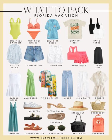 Ultimate Florida packing list: What to pack for Florida (any time of year) 2024 - Travel Meets Style Orlando Florida Outfits Summer, Florida Vacation Packing List, Outfits For Florida Vacation, Florida Beach Outfits, What To Wear In Florida, What To Pack For Florida, Florida Outfit Ideas, Florida Packing List, Pack For Florida