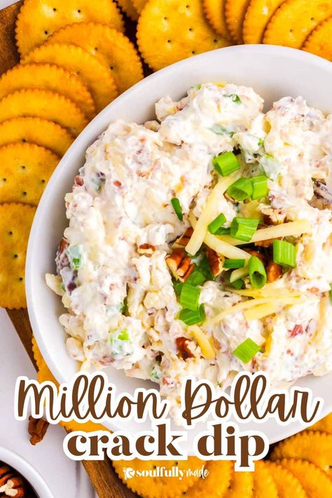 Serve this Million Dollar Dip with crackers and more. Just like the original Neiman Marcus Dip, it is chock full of cheddar cheese, bacon bits, green onions, chopped pecans and creamy deliciousness. Honestly, it tastes like a million bucks! Million Dollar Dip Recipe, Neiman Marcus Dip, Million Dollar Dip, Super Bowl Dips, Green Onions Recipes, Cheddar Dip, Berry Fruit Salad, Onion Dip Recipe, Bacon Dip