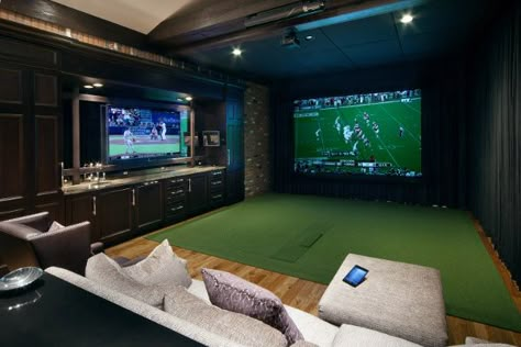 Golf Man Cave, Home Golf Simulator, Indoor Golf Simulator, Golf Simulator Room, Golf Room, Basement Home Theater, Indoor Golf, Media Room Design, Golf Simulator