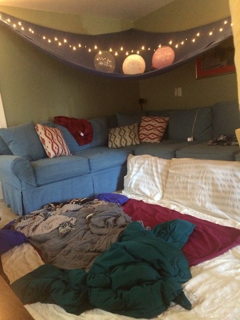 #sleepover #confetti #balloons #blanketfort #slumberparty #christmaslights Bday Sleepover, Cornelia Street, Blanket Fort, Girls Night In, Comfy Blankets, Couch Cushions, Confetti Balloons, Slumber Parties, On The Floor