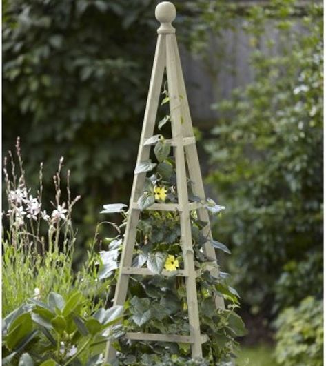 A traditional garden obelisk for use around the garden ideal for climbing plants. The Woodland Obelisk is a classically styled obelisk made from sturdy pinewood and finished in sage. It is sturdy enough to support the most vigorous of climbing plants, even intertwining two varieties with great effect. A great addition to any garden in flower beds, boarders and patio planters. This would make a great gift for the keen gardener.  Pine. Wood Obelisk, Wood Garden Trellis, Obelisk Ideas, Woodland Sage, Metal Garden Ornaments, Climbing Plant Support, Plant Cages, Sage Garden, Garden Obelisk