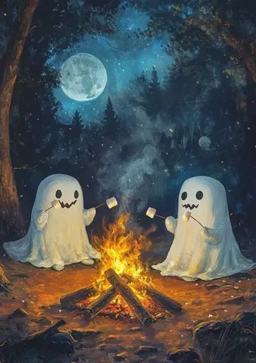 ↑↑↑ Larger size on website 🔸 Two friendly ghosts are roasting marshmallows over a bonfire in a forest clearing. The fire is blazi Moonlight Forest, Forest Clearing, Scary Ghost Pictures, Scary Halloween Costume, Halloween Cards Handmade, Halloween Labels, Vintage Poster Design, Roasting Marshmallows, Friendly Ghost