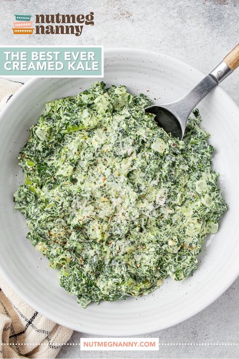 This simple creamed kale is the perfect holiday or steakhouse side dish. It is full of healthy kale, cream cheese, and a sprinkling of Parmesan cheese. Cream Kale, Kale Dishes, Creamy Kale, Freezing Kale, Creamed Kale, Sides For Chicken, Date Night Recipes, Side Dishes For Bbq, Kale Recipes