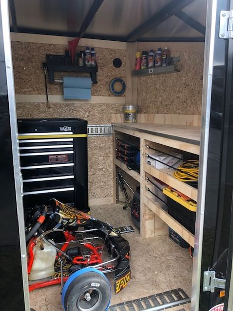 How is your trailer setup for Karting? - Getting Started in Karting - KartPulse: Karting’s Community Hub Go Kart Trailer Setup, Dirtbike Trailer Setup, Race Trailer Interior, Motocross Trailer Setup, Race Trailer Organization, Construction Organization, Enclosed Utility Trailers, Moto Trailer, Van Setup