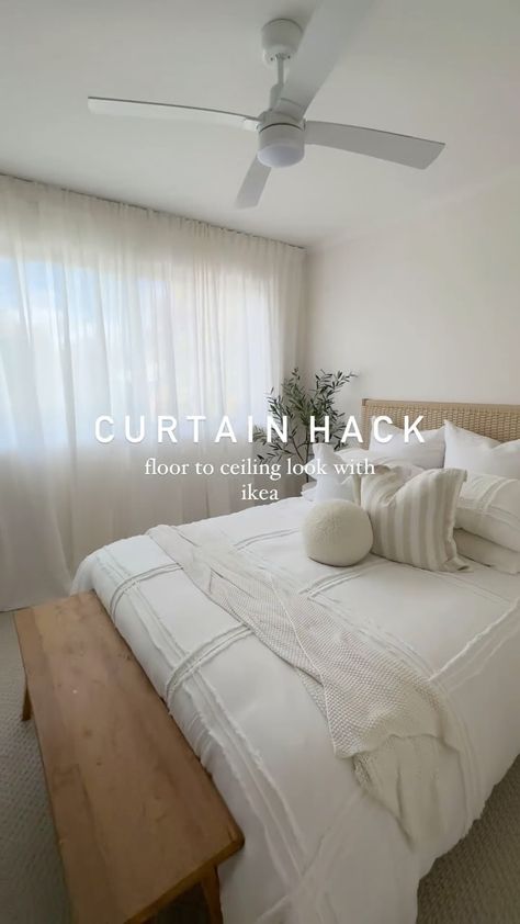 LANI | IKEA hack! How to get the luxurious floor to ceiling curtain look for less ☺️🤭 List of items I used 👇🏼 - Vidga single track rail ( I... | Instagram Ceiling Track Curtains Bedroom, Ceiling Curtains Bedroom, Floor To Ceiling Curtains Bedroom, Curtain From Ceiling, Media Bedroom, Ceiling Sheets, Grey Hardwood Floors, Floor To Ceiling Curtains, Ceiling Curtain Track