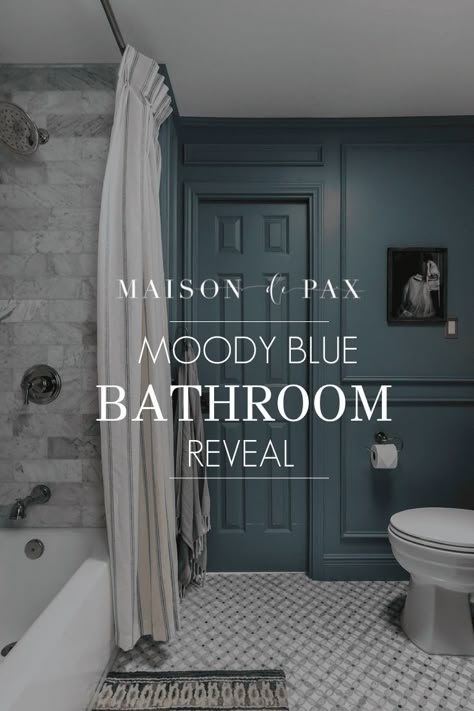 See how a 1980's standard space was transformed into a moody blue bathroom with elegant, timeless appeal. Sapphire Blue Bathroom, Dark Blue Painted Bathroom, Best Blue For Bathroom, Sherwin Williams Waterloo Bathroom, Waterloo Sherwin Williams Bathroom, Moody Blue Bathroom Ideas, Moody Blue Powder Room, Blue And Teal Bathroom, All Blue Bathroom