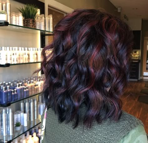 Highlights Wine Hair, Dark Brunette With Burgundy Highlights, Burgundy Partial Highlights, Hair Color Ideas With Burgundy, Fall Color For Black Hair, Black Hair With Wine Highlights, Mulled Wine Hair Color Balayage, Cranberry Highlights Hair Dark Brown, Red Lowlights For Brunettes