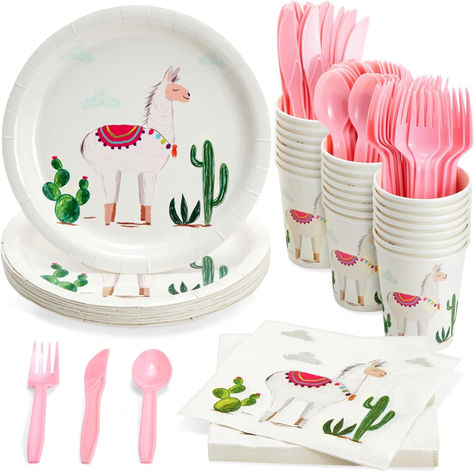 144 Pieces Llama Birthday Party Supplies with Paper Plates, Napkins, Cups, and Cutlery for Mexican Fiesta Celebration, Cactus Baby Shower Decorations for Girl (Serves 24) #ad #llama #llamabirthday #llamaparty #llamabirthdayparty #birthdaypartyideas Llama Fiesta Birthday Party, Baby Shower Decorations For Girl, Llama Birthday Party, Cactus Party Decor, Birthday Plates, Llama Party, Plastic Party Plates, Llama Birthday, Cactus Party